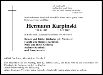 Traueranzeige von Hermann Karpinski von Tageszeitung