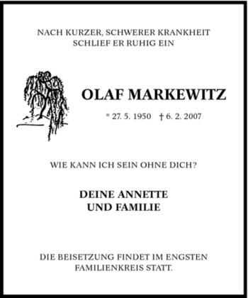 Traueranzeige von Olaf Markewitz von Tageszeitung