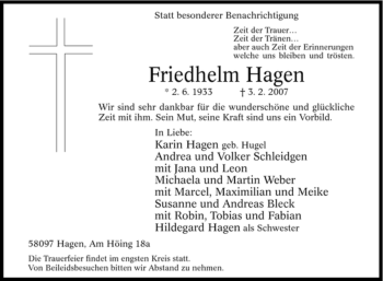 Traueranzeige von Friedhelm Hagen von Tageszeitung