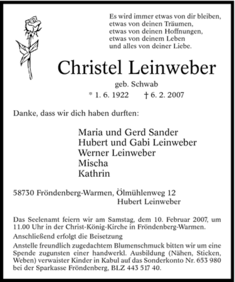  Traueranzeige für Christel Leinweber vom 08.02.2007 aus Tageszeitung