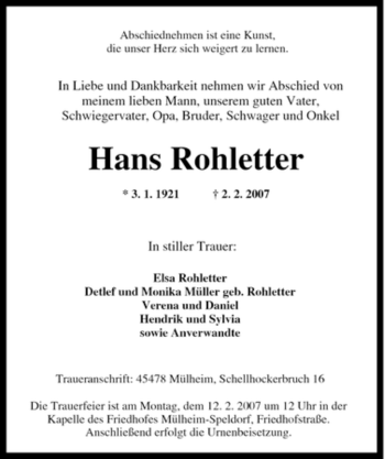 Traueranzeige von Hans Rohletter von Tageszeitung