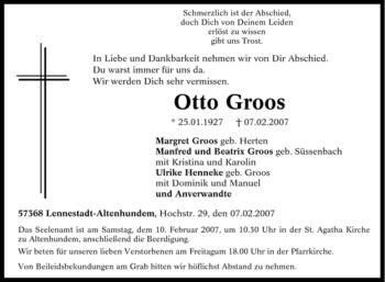 Traueranzeige von Otto Groos von Tageszeitung