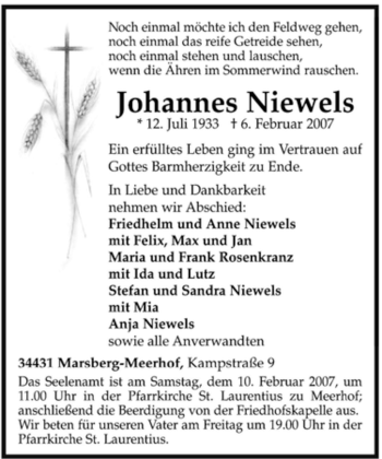 Traueranzeige von Johannes Niewels von Tageszeitung