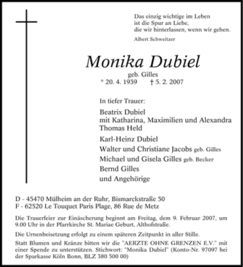 Traueranzeige von Monika Dubiel von Tageszeitung