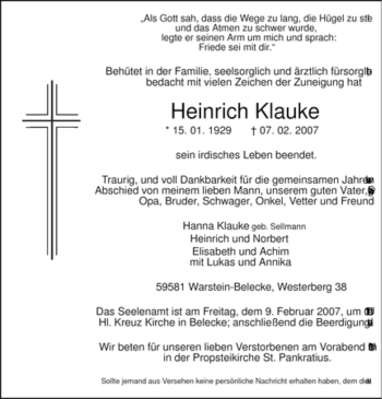 Traueranzeige von Heinrich Klauke von Tageszeitung