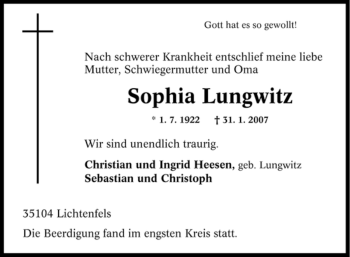 Traueranzeige von Sophia Lungwitz von Tageszeitung