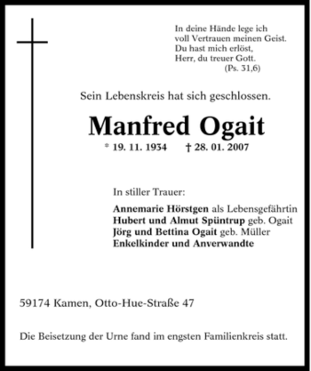 Traueranzeige von Manfred Ogait von Tageszeitung