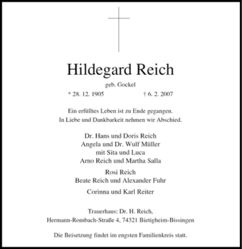 Traueranzeige von Hildegard Reich von Tageszeitung