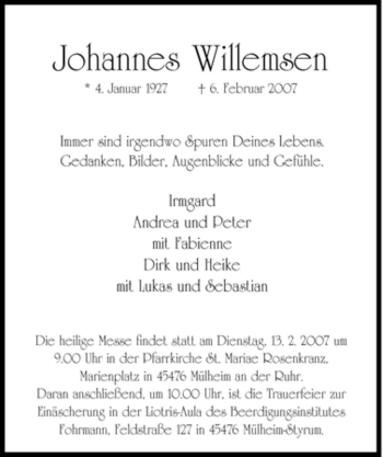 Traueranzeige von Johannes Willemsen von Tageszeitung