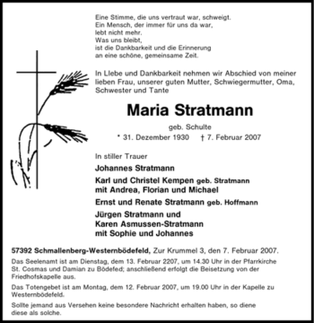 Traueranzeige von Maria Stratmann von Tageszeitung