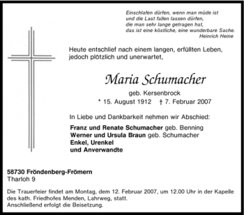Traueranzeige von Maria Schumacher von Tageszeitung
