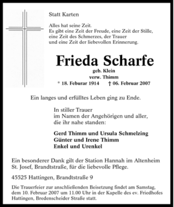 Traueranzeige von Frieda Scharfe von Tageszeitung