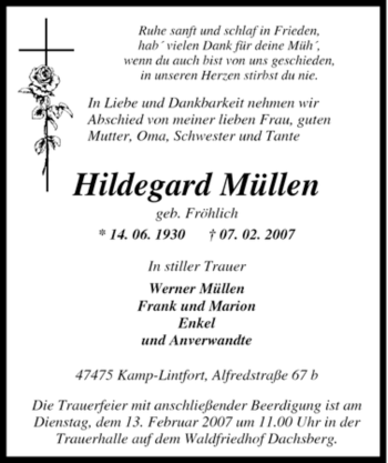 Traueranzeige von Hildegard Müllen von Tageszeitung