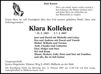 Traueranzeige von Klara Kolleker von Tageszeitung