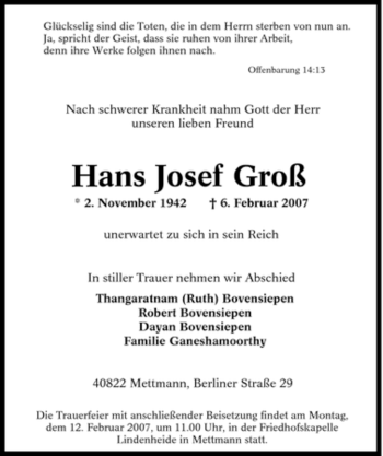 Traueranzeige von Hans Josef Groß von Tageszeitung
