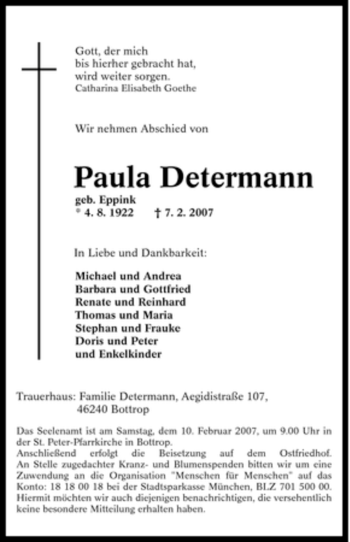 Traueranzeige von Paula Determann von Tageszeitung