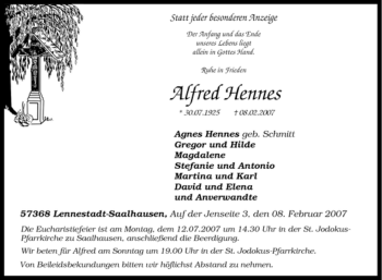 Traueranzeige von Alfred Hennes von Tageszeitung