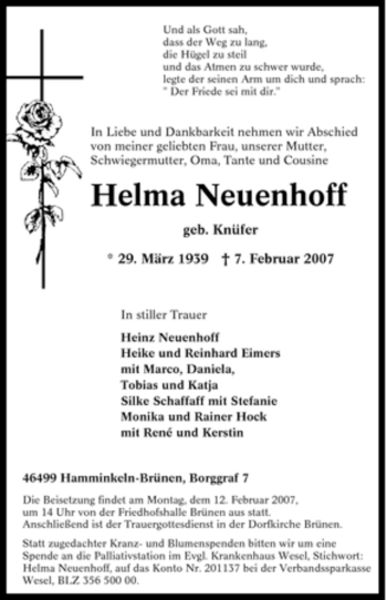 Traueranzeige von Helma Neuenhoff von Tageszeitung