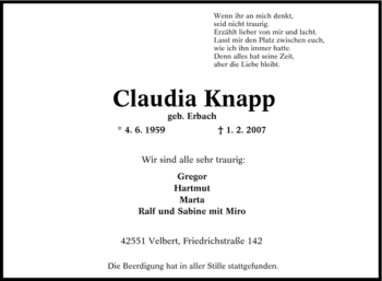 Traueranzeige von Claudia Knapp von Tageszeitung
