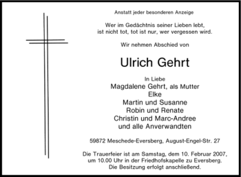 Traueranzeige von Ulrich Gehrt von Tageszeitung