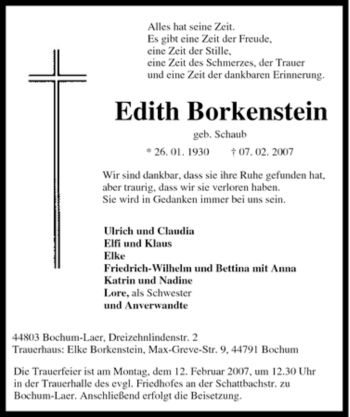 Traueranzeige von Edith Borkenstein von Tageszeitung