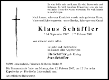Traueranzeige von Klaus Schäffler von Tageszeitung