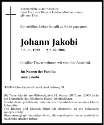 Traueranzeige von Johann Jakobi von Tageszeitung