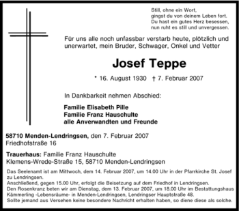 Traueranzeige von Josef Teppe von Tageszeitung
