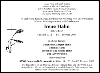 Traueranzeige von Irene Hahn von Tageszeitung