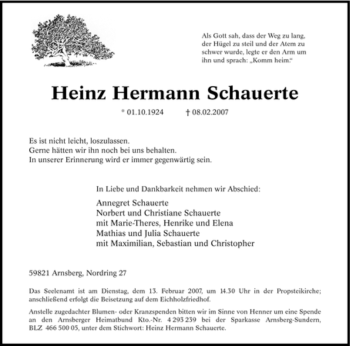 Traueranzeige von Heinz Hermann Schauerte von Tageszeitung