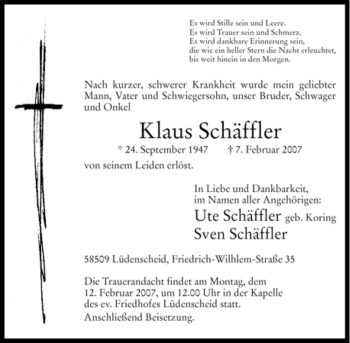 Traueranzeige von Klaus Schäffler von Tageszeitung