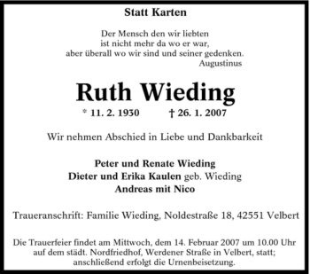 Traueranzeige von Ruth Wieding von Tageszeitung