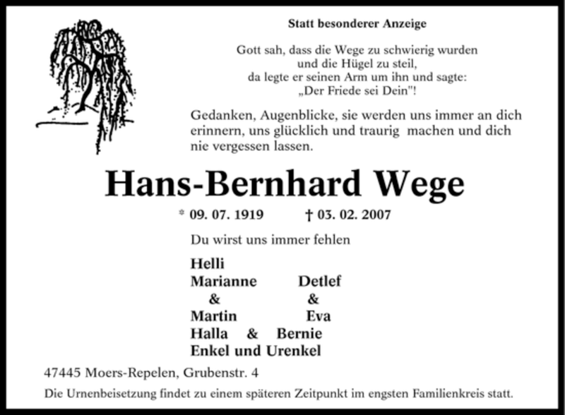  Traueranzeige für Hans-Bernhard Wege vom 10.02.2007 aus Tageszeitung