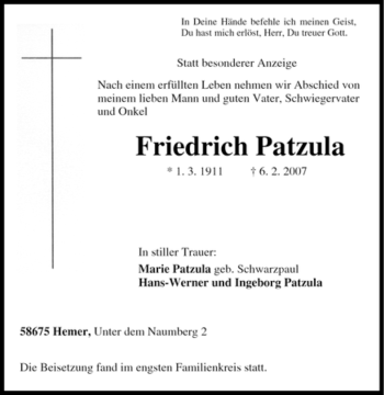 Traueranzeige von Friedrich Patzula von Tageszeitung