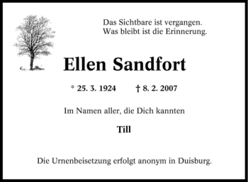 Traueranzeige von Ellen Sandfort von Tageszeitung