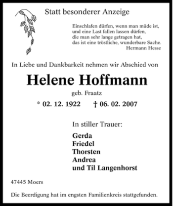 Traueranzeige von Helene Hoffmann von Tageszeitung