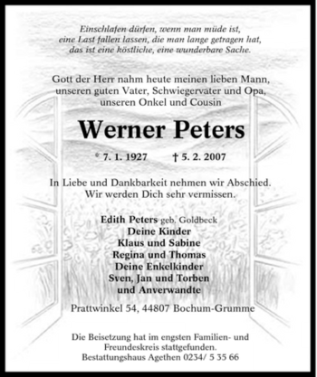 Traueranzeige von Werner Peters von Tageszeitung