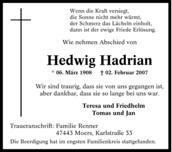 Traueranzeige von Hedwig Hadrian von Tageszeitung