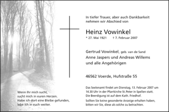 Traueranzeige von Heinz Vowinkel von Tageszeitung
