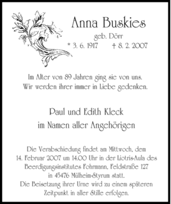 Traueranzeige von Anna Buskies von Tageszeitung
