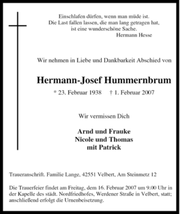 Traueranzeige von Hermann-Josef Hummernbrum von Tageszeitung