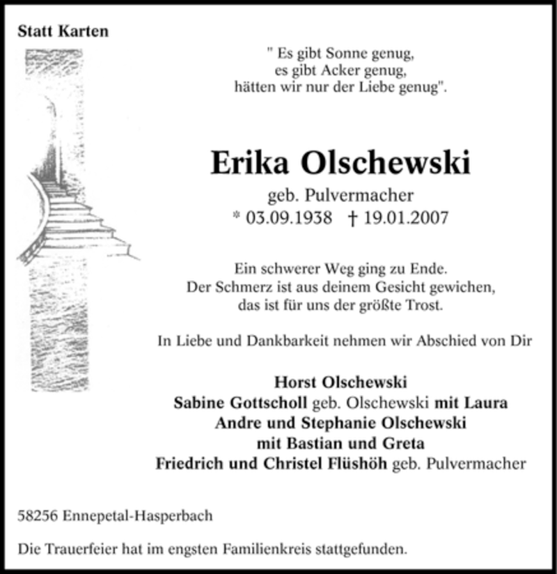  Traueranzeige für Erika Olschewski vom 10.02.2007 aus Tageszeitung