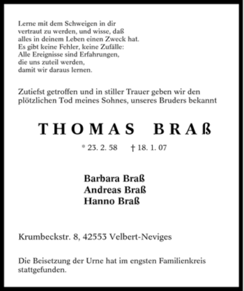 Traueranzeige von Thomas Braß von Tageszeitung