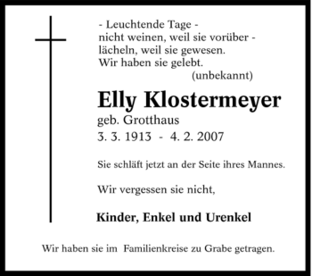Traueranzeige von Elly Klostermeyer von Tageszeitung