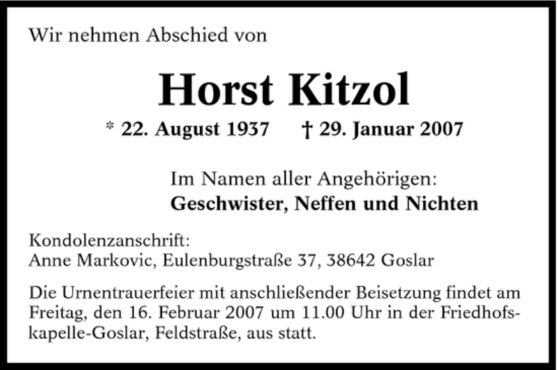  Traueranzeige für Horst Kitzol vom 10.02.2007 aus Tageszeitung