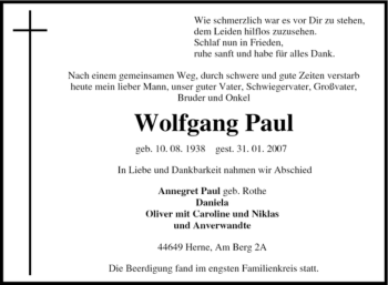 Traueranzeige von Wolfgang Paul von Tageszeitung