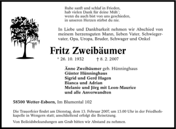 Traueranzeige von Fritz Zweibäumer von Tageszeitung