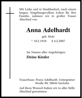 Traueranzeige von Anna Adelhardt von Tageszeitung