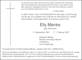 Traueranzeige von Elly Menke von Tageszeitung
