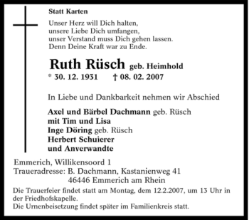 Traueranzeige von Ruth Rüsch von Tageszeitung